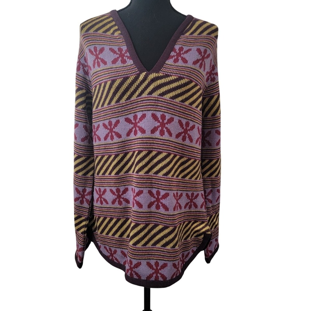 VTG‎ Y2K Lip Gloss V-Neck Wool Blend Geometric Floral Knit Sweater Purple Large